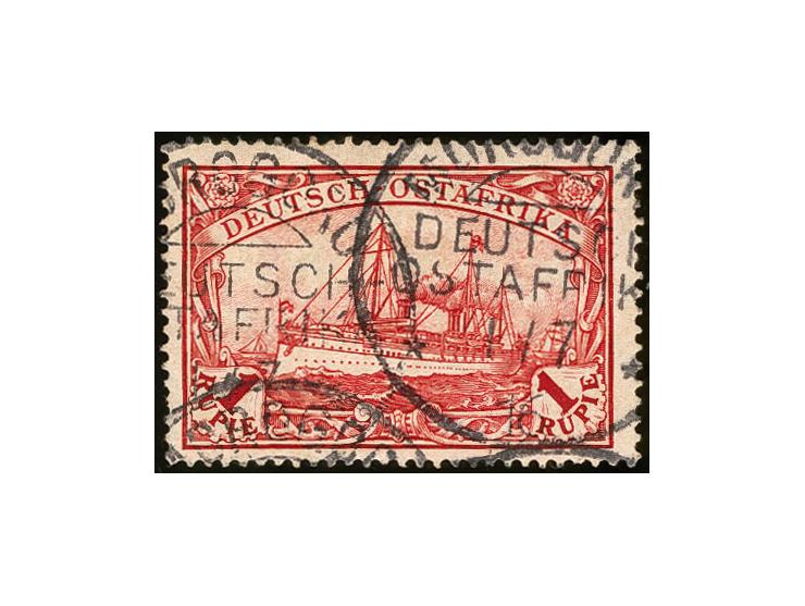 1 Rupie rot, die sogenannte 'Königin von Deutsch-Ostafrika", sehr schön mit zweimal aufgesetztem Stempel "MOROGORO 1/7 16" en