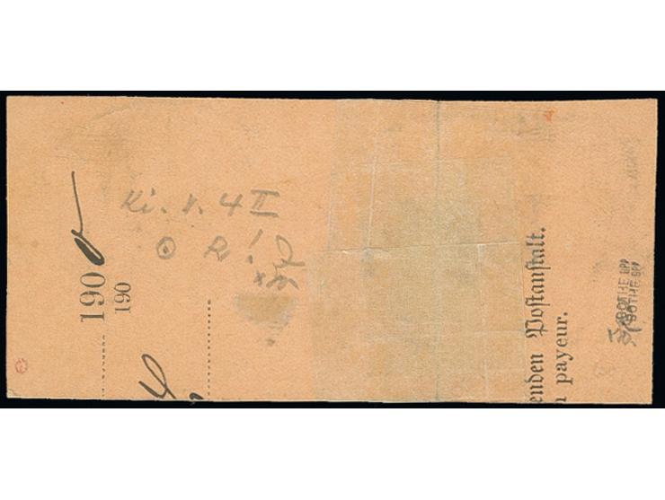 Steilaufdruck 20 Pfg., ehemaliges Paar mit 2 sauberen Abschlägen des großen Stempels "KIAUTSCHOU 9/12 00" mit Aushilfsjahresz