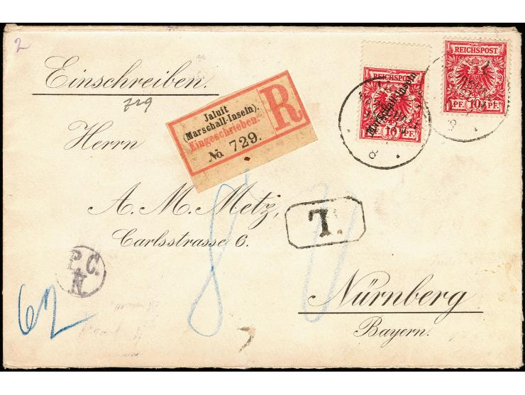Jaluiut-Ausgabe 10 Pfg. und Mitläufer Krone/Adler 10 Pfg. lebhaftlilarot mit Stempel "JALUIT MARSCHALL-INSELN 11...98" auf un
