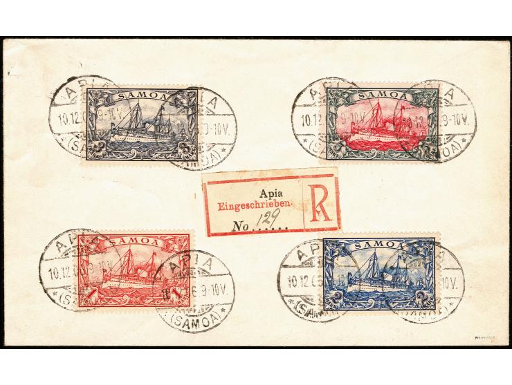 1900, Schiffszeichnung 1-5 M. mit Stempel "APIA 10.12.06" auf großem Briefteil mit R-Zettel, sign. Pfenninger
