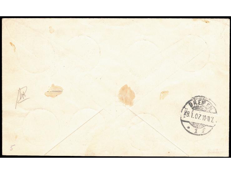 1900, Schiffszeichnung 1-5 M. mit Stempel "APIA 10.12.06" auf großem Briefteil mit R-Zettel, sign. Pfenninger