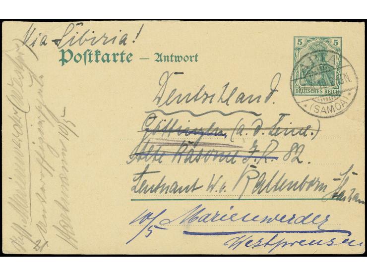 Deutsches Reich Antwortkarte mit Stempel "APIA 17.3.10" und rückseitigem Absender-L1 "Kaiserlich Deutsches Postamt" sowie umf
