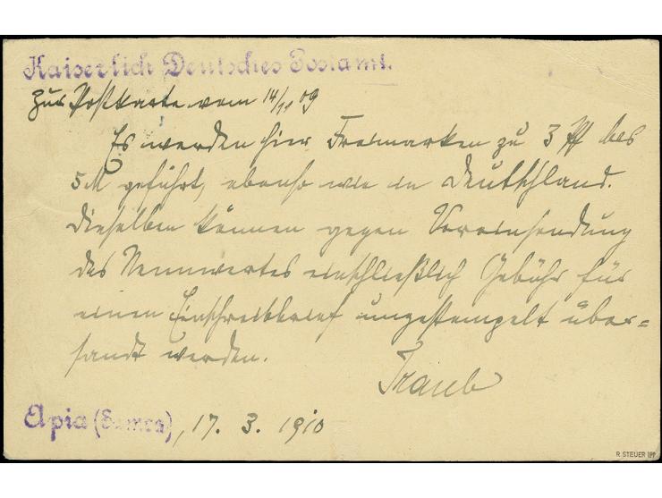 Deutsches Reich Antwortkarte mit Stempel "APIA 17.3.10" und rückseitigem Absender-L1 "Kaiserlich Deutsches Postamt" sowie umf