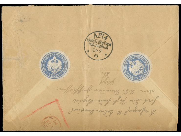 Postsache ab "BREMEN 23.1.96" an die Kaiserlich Deutsche Postanstalt in Apia, über England geleitet, da der deutsche Postabga