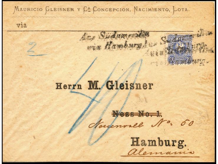 1888, "Aus Südamerika via Hamburg 1", mehrfach auf Pergamin-Vordruckbrief aus Lota, Chile mit  Deutsches Reich 20 Pfg. blau n