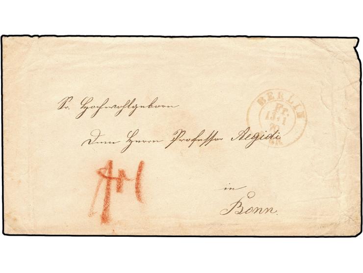 1870, "BERLIN Fr. 13 1 70", Franko-Stempel mit Röteltaxe "1" auf Brief mit Absenderangabe 'Cadett Becker an Bord S.M.S. Niobe