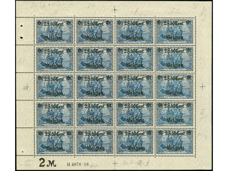 1916, 2 F. 50 C. auf 2 M. mit Aufdrucktype II und Zähnung A, kpl. Bogen mit 20 Werten, einmal gefaltet und im Rand mit Bleist