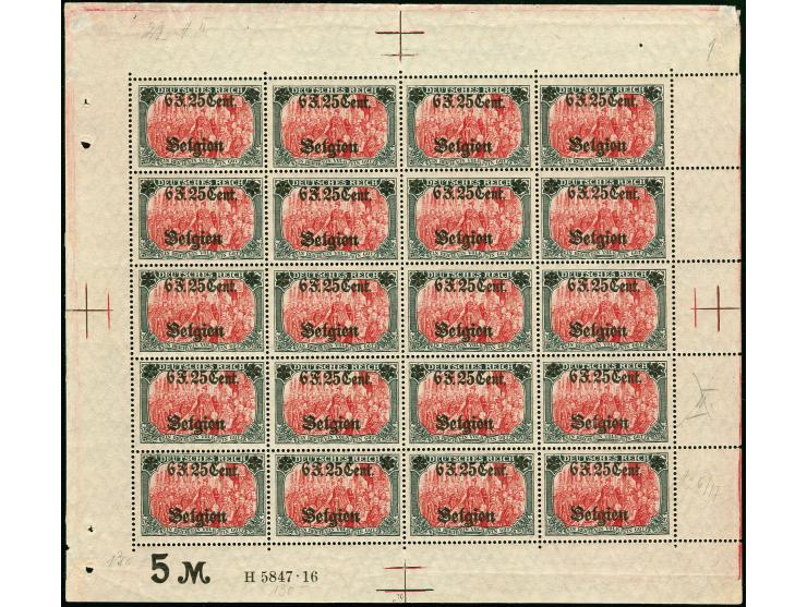 1916, 6 F 25 C. auf 5 M. mit Aufdrucktype I, kpl. Bogen mit 20 Werten, einmal stark gefaltet und im Rand zum Teil fehlerhaft,