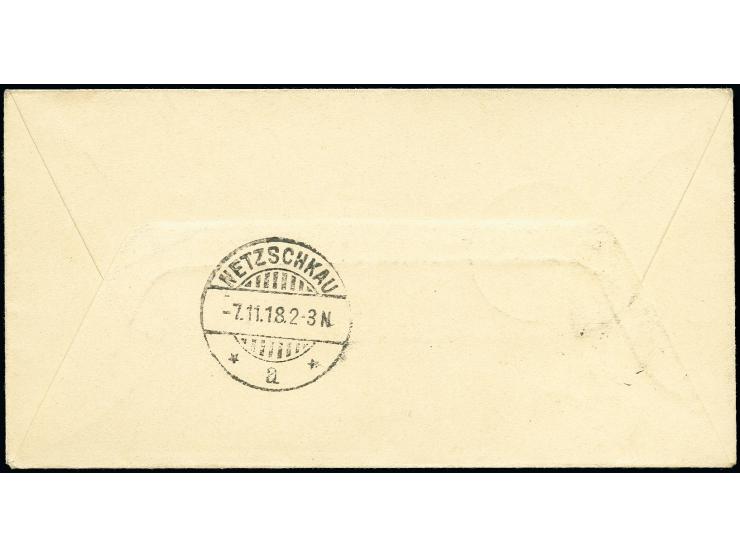 1916, 6 F.25 C. auf 5 M. mit Aufdrucktype II, Oberrandstück mit Stempel "BRÜSSEL 4.11.18" auf sog. "Netzschkau"-R-Brief mit Z