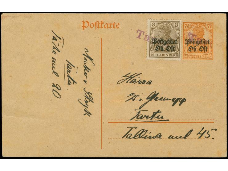 "Tartu", violetter L1, zweimal klar als Entwerter auf Ganzsachenkarte 7 1/2 Pfg. mit Zufrankatur 3 Pfg. als Ortskarte mit Tex