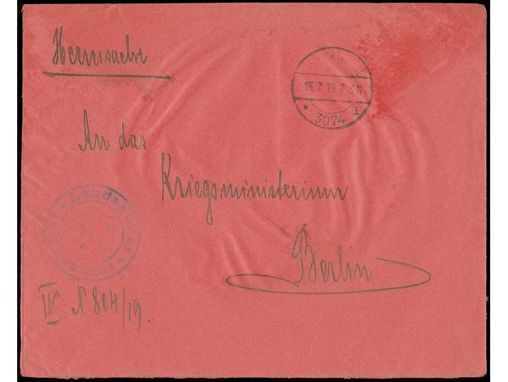 BALTISCHE LANDESWEHR: "Landeswehr Intendatur" violetter, etwas verwaschener Briefstempel auf Heeressache ab "* 3074 a - 15.7.
