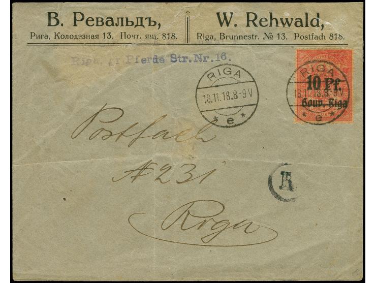 BESONDERHEITEN: Stempelmarke 10 Pfg. mit Stempel "RIGA 18.11.18" auf Ortsbrief, Klappe fehlt, diverse Mängel
