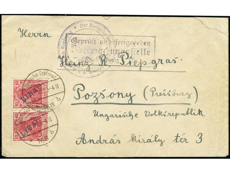 Type I: 1919, 10 Pfg. im waagerechten Paar mit Stempel "Deutsche Feldpost 168 b 13.7.19" auf Brief mit Briefstempel "Der Deut