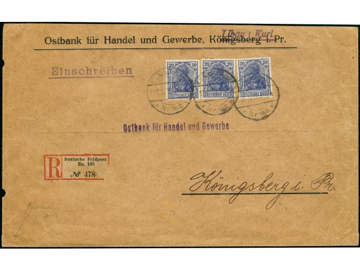 1919, 20 Pfg. dunkelviolettblau, 3 Einzelwerte mit Stempel "K.D.Feldpoststation Nr. 168 17.1.19" als portogerechte Mehrfachfr