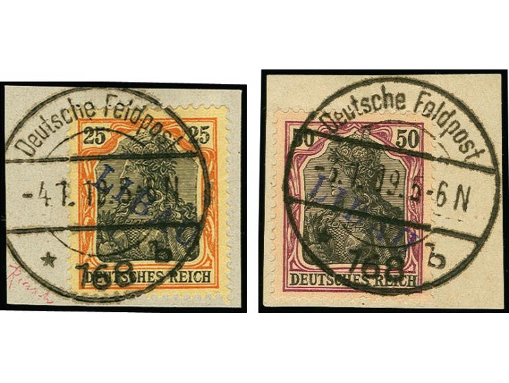 25-50 Pfg., je mit sauberem Stempel auf kleinem Briefstück, tadellos