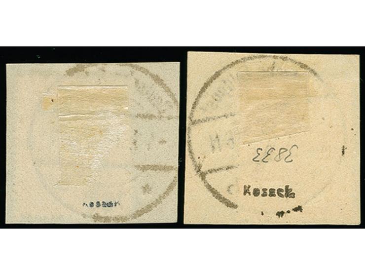 25-50 Pfg., je mit sauberem Stempel auf kleinem Briefstück, tadellos