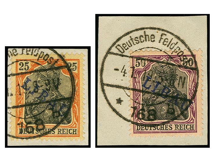 25-50 Pfg., je mit sauberem Stempel auf kleinem Briefstück, tadellos