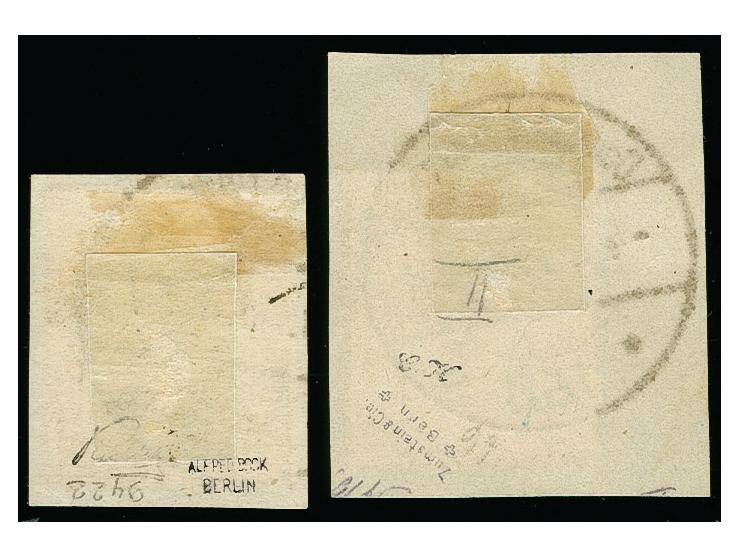 25-50 Pfg., je mit sauberem Stempel auf kleinem Briefstück, tadellos
