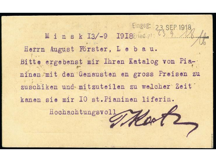 1918, Gebührenmarke 30 K. mit Zufrankatur Germania 10 Pfg. mit Stempel "MINSK 14.9.18" auf Firmenvordruckkarte mit Zensur-Ste