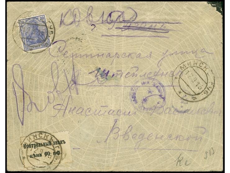 1918, Gebührenzettel 60 K. mit Zufrankatur Germania 20 Pfg. mit Stempel "MINSK 12.9.18" auf Brief mit russ. Zensur-Stempel "N