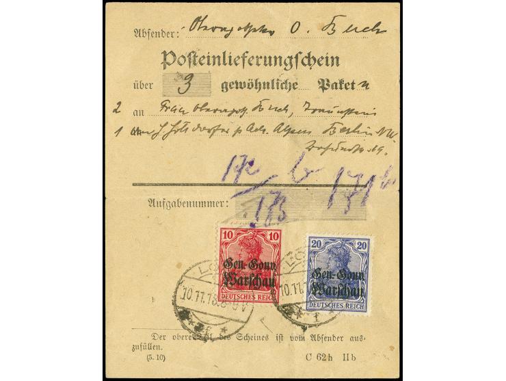 10 Pfg. rot und 20 Pfg. ultramarin mit Stempel "LODZ 10.11.18" auf Posteinlieferungsschein für 3 Pakete, Falt- und Knitterspu