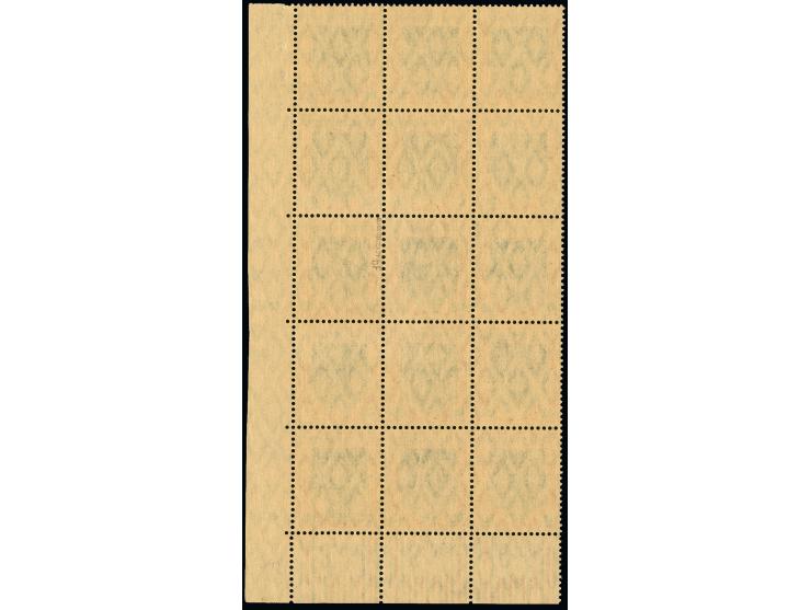 1917, 40 B. auf 30 Pfg. Germania mit rußigem Aufdruck,15er-Bogenteil aus der linken oberen Bogenecke mit Aufdruck-Abart "Bani