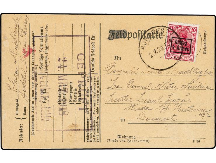 1918, 10 Pfg. karminrot mit Stempel "BUKREST 24.MRZ.18" als portogerechte Einzelfrankatur mit Zensur-Ra3 nach Bukarest, gesch