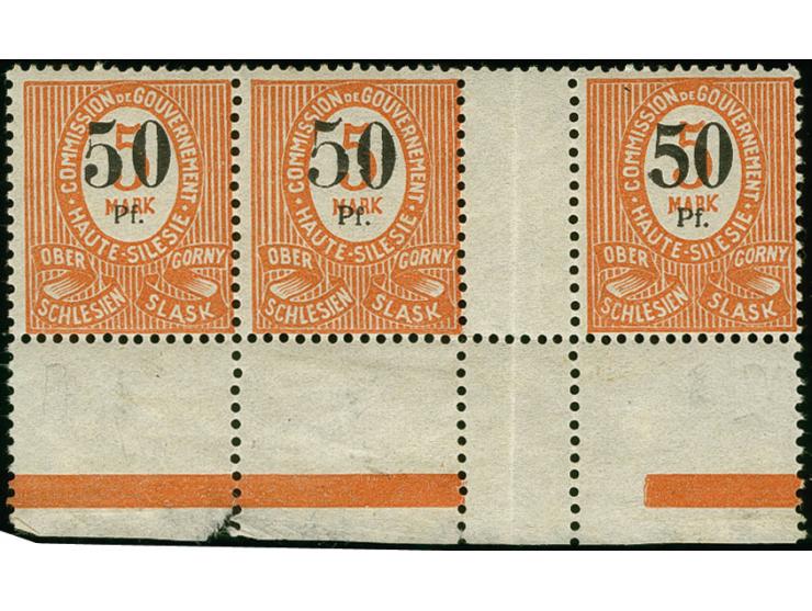50 Pfg. im waagerechten Dreierstreifen mit Zwischensteg und Unterrand, Typen aIIIb/aVa/aIIa, postfrisch, im Zwischensteg gefa