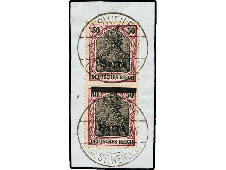 50 Pfg. im senkrechten Paar, dabei die obere Marke nur mit Aufdruck "Sarre" und die untere mit Aufdruck "Balken oben, Schrift