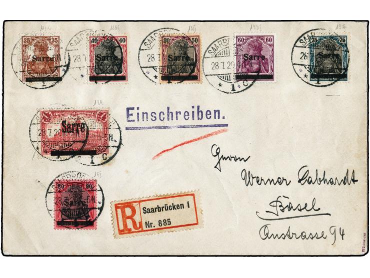 1920, 80 Pfg. mit Zufrankatur mit Stempel "SAARBRÜCKEN 28.7.20" auf überfrankiertem R-Brief nach basel mit Ankunftsstempel, z