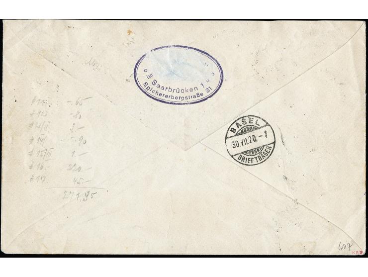 1920, 80 Pfg. mit Zufrankatur mit Stempel "SAARBRÜCKEN 28.7.20" auf überfrankiertem R-Brief nach basel mit Ankunftsstempel, z