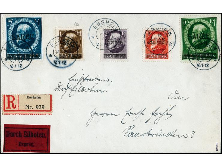 1920, Ludwig 1-10 M. mit Dkr. "ENSHEIM 16 MÄR 20" auf überfrankiertem Eil-R-Brief nach Saarbrücken, tadellos, u.a. sign. Burg