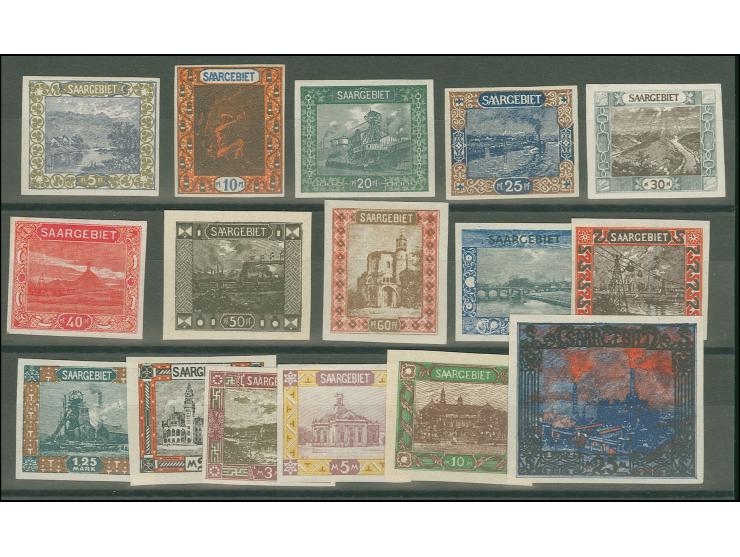 1921, Freimarken-Ausgabe 5 Pfg.-25 M. (30 Pfg. nur in einer Farbe) als ungezähnte Probedrucke in teils leicht abgeänderten Fa