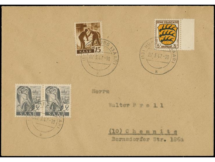 SAARLAND: 1947, Arbeiter 2 Pfg. im waagerechtem Paar mit Zufrankatur mit Stempel "HOMBURG 7.3.47" auf Erstagsbrief nach Chemn
