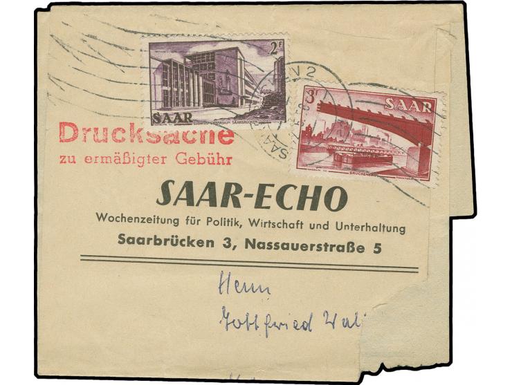 1952, Ansichten 2-3 Fr. mit Maschinenstempel "SAARBRÜCKEN 22.5.56" auf Drucksache zu ermäßigter Gebühr, unten mit kleinem Aus