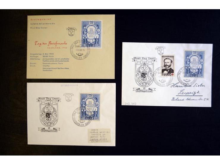 1953, Tag der Briefmarken 15 Fr. und Rotes Kreuz 15 Fr. zusammen mit Sonderstempel auf Ersttagsbrief, sowie zwei weitere FDC,