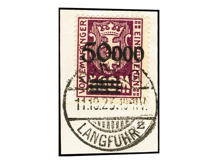 50000 auf 500 M. mit rußigem Aufdruck, zeitgerecht gestempelt "DANZIG LANGFUHR 11.10.23" auf Briefstück, tadellos, Fotoattest