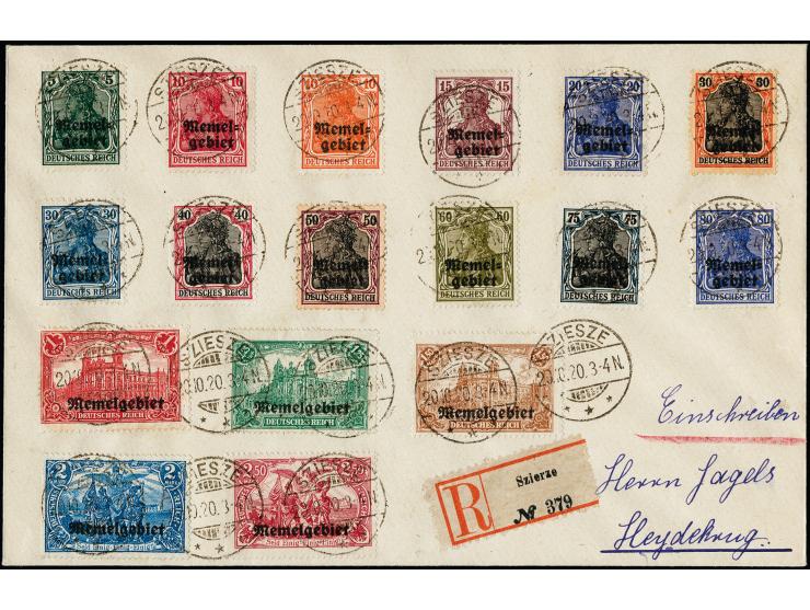 1920, Germania 5 Pfg.- 2,50 M. mit Stempel "SZIESZE 20.10.20" auf R-Brief nach Heydekrug, tadellos