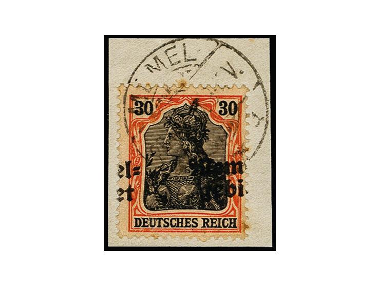 Germania 30 Pfg. mit stark horizontal verschobenem Aufdruck, sauber gestempelt, einige minimal stockige Zähne, sonst tadellos
