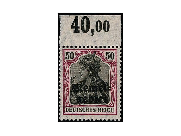 50 Pfg. auf orangeweiß, Oberrandstück, postfrisch bzw. Falzrest im Bogenrand, mehrfach sign. und Fotoattest Huylmans BPP