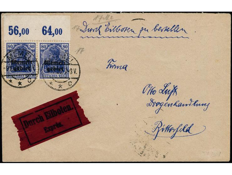 80 Pfg. im waagerechten Oberrandpaar mit Stempel "MEMEL -9.10.20" auf portogerechtem Eilboten-Brief nach Bitterfeld, tadellos