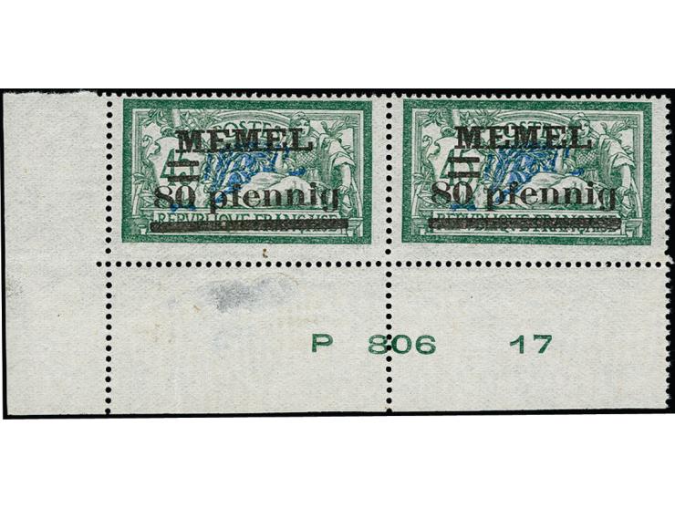 80 pf. grün/grauultramarin im waagerechten Paar aus der linken unteren Bogenecke mit komplettem Druckdatum "P 806 17", postfr
