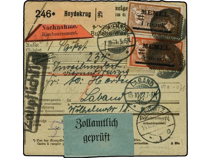 Merson 1m. und 4m. mit Sicherungsstempel und Stempel "HEYDEKRUG -7.10.21" auf Nachnahme-Paketkarte nach Laband, eine Marke du