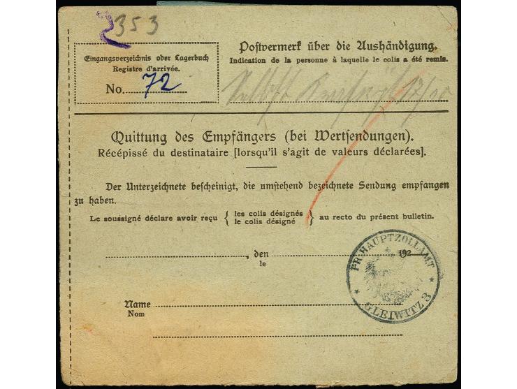 Merson 1m. und 4m. mit Sicherungsstempel und Stempel "HEYDEKRUG -7.10.21" auf Nachnahme-Paketkarte nach Laband, eine Marke du