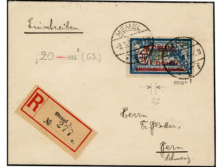  20m. mit Aufdruckfehler "weiter Abstand zwischen 20 und mark" mit Stempel "MEMEL -9.3.21" auf R-Brief nach Bern, Umschlag et
