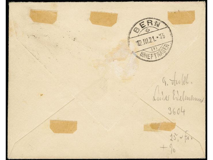  20m. mit Aufdruckfehler "weiter Abstand zwischen 20 und mark" mit Stempel "MEMEL -9.3.21" auf R-Brief nach Bern, Umschlag et