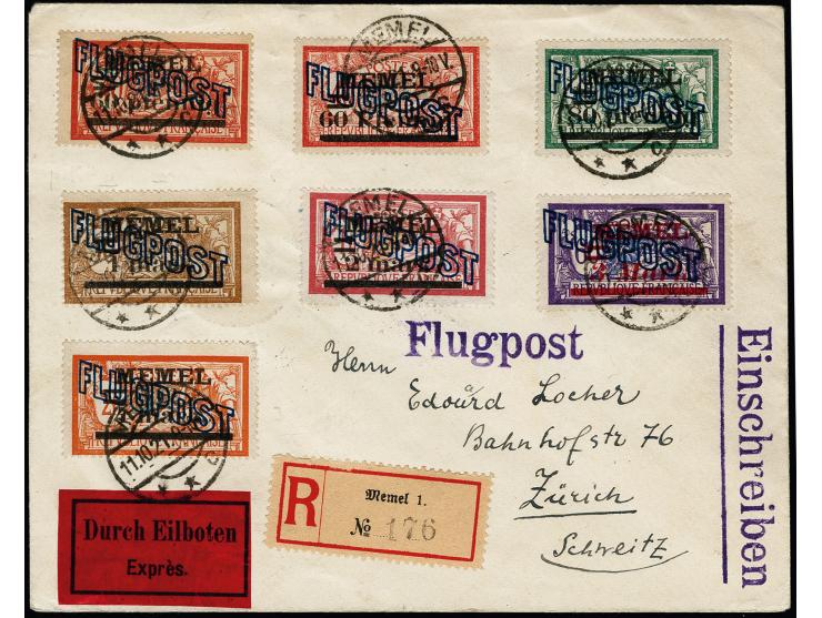 1921, Flugpost 60 pf. mit Zufrankatur mit Stempel "MEMEL 11.10.21" auf Luftpost-R-Eil-Brief nach Zürich mit Transit- und Anku