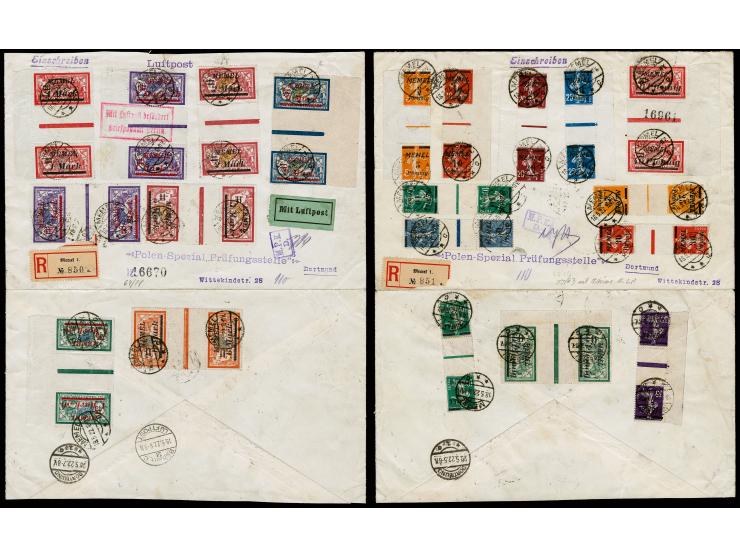 5 Pf. bis 9M., alle im senkrechten Zwischenstegpaar mit Stempel "MEMEL 18.5.22" auf 2 dreiseitig geöffneten R-Briefen nach Do