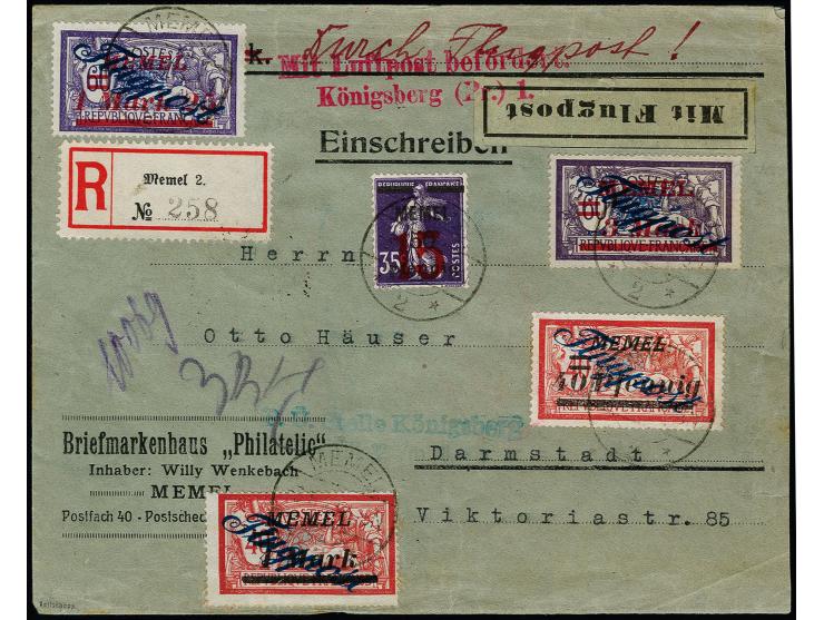 1922, Flugpost 3 M. mit Zufrankatur mit Stempel "MEMEL 3.8.22" auf Lupo-R-Brief nach Darmstadt mit Transit- und Ankunftsstemp