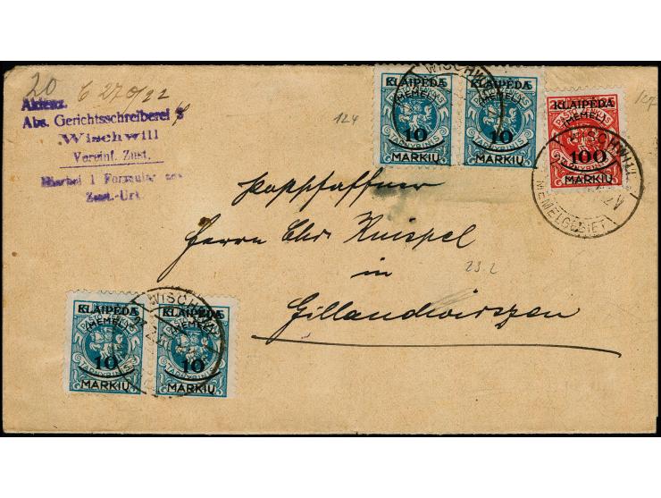 Sichelausgabe 10 M., zwei waagerechte Paare sowie 100 M. als Einzelwert mit Stempel "WISCHWILL 23.2.23" auf Zustellurkunde na